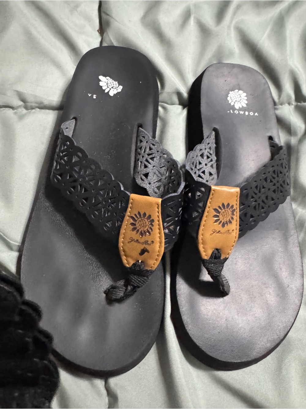 Yellow Box Black Thong Sandals with Tan Accents